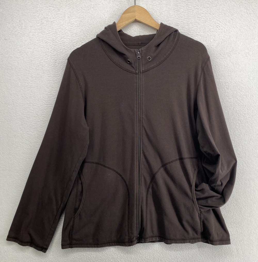 EILEEN FISHER Jacket L Stretch Organic Cotton Jersey Hoodie Full Zip Brown USA